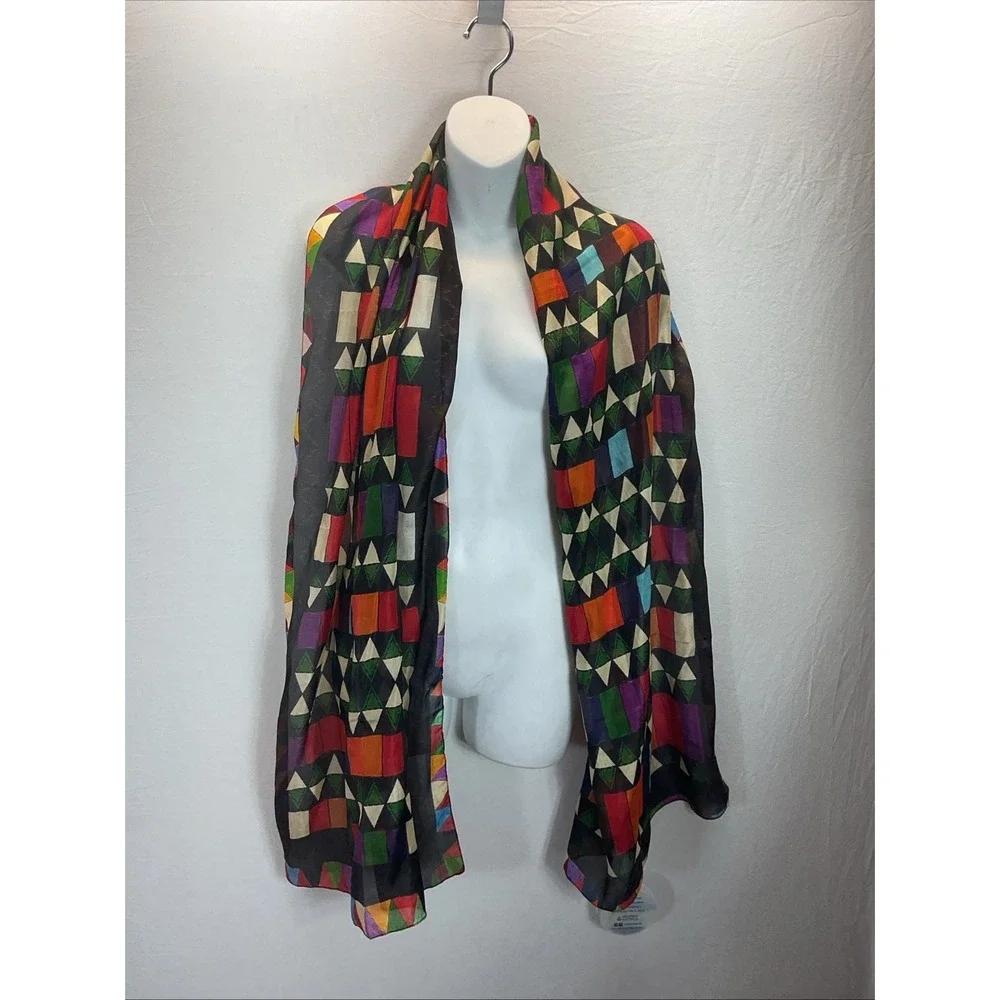 NWT 100% Silk Scarf Namaskar Wearable Art Abstract Colorful Black‎ geometric